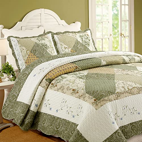 Cozy Line Home Fashions Floral Real Patchwork Green Beige Khaki Yellow Scalloped Edge Country 100% Cotton Quilt Bedding Set, Reversible Coverlet Bedspread (Laura, Queen - 3 Piece)