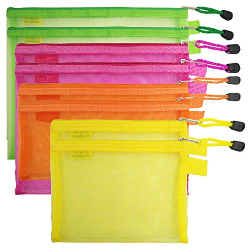 8 Pcs Zipper Mesh File Bags Folder Document Pockets with Bill B5 A5 A6 Size, AFUNTA 4 Color 4 Size Nylon Pencil Case Cosmetic Storage Office Pouch Holder- Orange, Yellow, Green, Rose Red