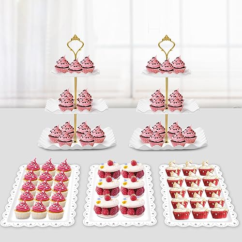 PinCute 5 Pcs Dessert Table Display Set - 2 X Cupcake Stand Holder/Cup Cake Tier Tower & 3 X Serving Tray Combo for Tea Party, Birthday, Baby Shower (Wave Square)