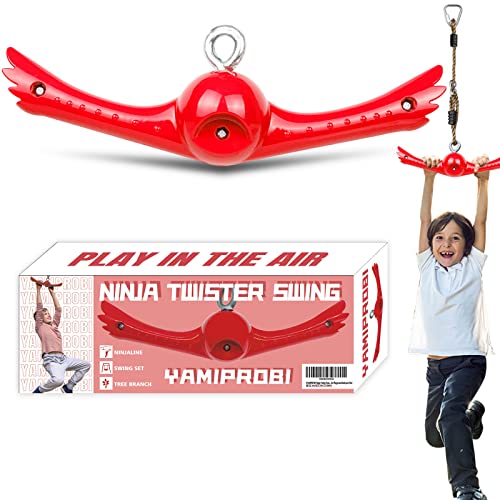 YAMIPROBI Ninja-Twister Swing Spins Set: Slackline Attachments - 360° Handle Twist-Spin Flips Toy Activate Ninja Powers - Ninja Warrior Accessories - Kids Ninja Hang Toys for Playground Backyard, Red