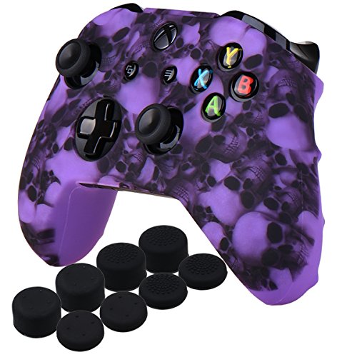 YoRHa Water Transfer Printing Skull Silicone Cover Skin Case for Microsoft Xbox One X & Xbox One S Controller x 1(Purple) with PRO Thumb Grips x 8