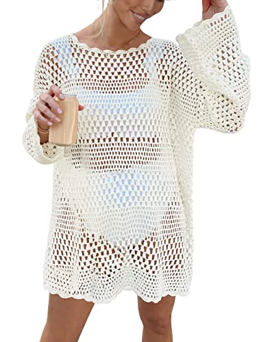 Prinbara Womens Vacation Dress Crochet Coverups Beachwear Clothes Sexy knit Cover up Tops Summer Swimsuit for Women Beach Outfit Bikini Swimwear 2024 Fashion Trendy Bathing Suit 9PA58-baise-M White