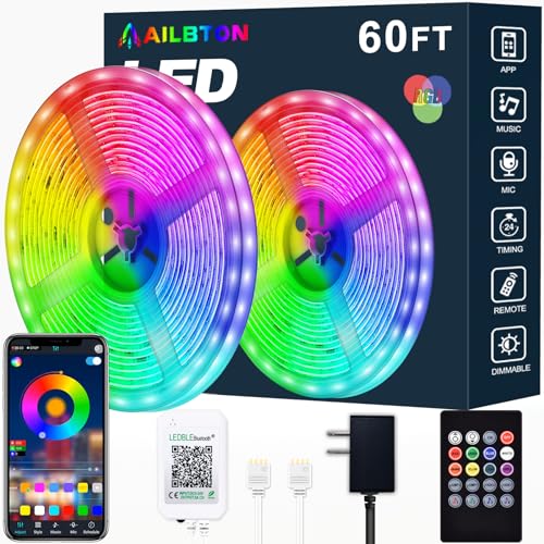 AILBTON Led Strip Lights,60ft Music Sync Color Changing, Built-in Mic,Bluetooth App Control LED Tape Lights with Remote,5050 RGB Rope Light Strips