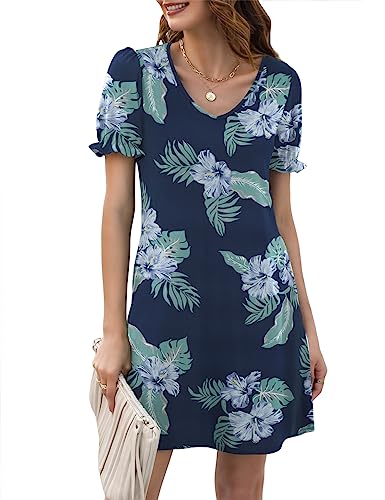 Halife Summer Dresses for Women Floral Casual T Shirt Dress Short Sleeve Flowy Beach Vacation Sundress with Pockets Navy M