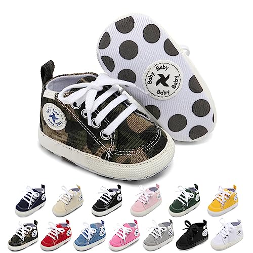 Baby Girls Boys Shoes Soft Anti-Slip Sole Newborn First Walkers Star High Top Canvas Denim Unisex Infant Sneaker (A01-Army Green, 12-18 Months)