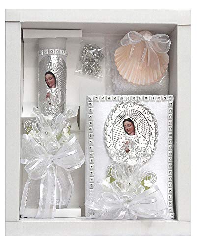 SWEA Pea & Lilli White Virgin Mary Baptism Candle Set Kit for Christenings with Shell and Favors - Spanish
