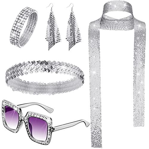 5 Pcs 70s Disco Accessories Women Costume Jewelry Disco Earrings Sequin Scarf Sunglasses Diamond Bracelet Headband (Silver)