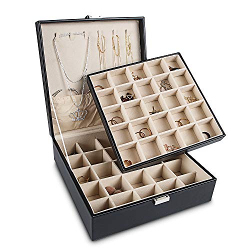 Frebeauty Earring Organizer Classic Jewelry Box 50 Slots Double Layer Jewelry Storage Case with 6 Necklace Hook and Bracelet Pocket(Black)
