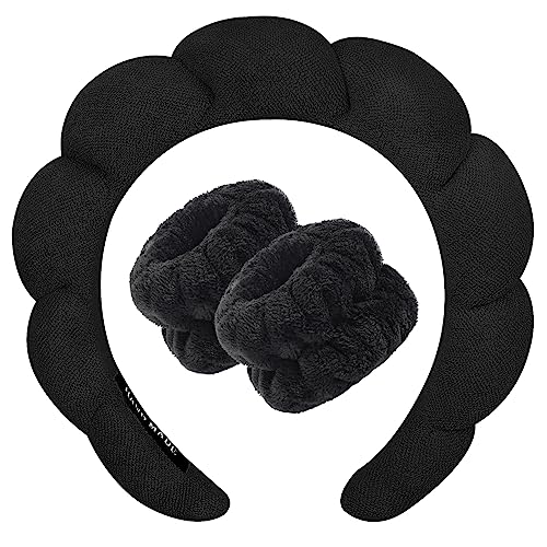 Zkptops Spa Headband for Washing Face Wristband Sponge Makeup Skincare Headband Terry Cloth Bubble Soft Get Ready Hairband for Women Girl Puffy Padded Headwear Non Slip Thick Hair Accessory(Black)