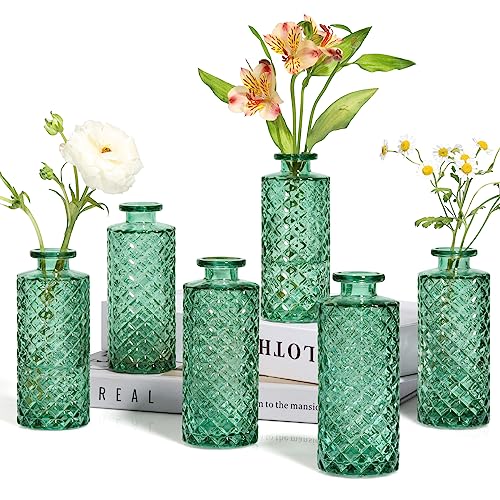 ComSaf Glass Bud Vases Set of 6, Small Diamond Bud Vases in Bulk, Mini Flowers Vases for Centerpieces, Vintage Bottle for Table Decorations, Wedding Decor, Recepetion, Home, (Green)