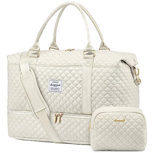 LOVEVOOK Travel Duffle Bag, Weekender Bags for Women with Shoe Compartment, Carry on Bag with Toiletry Bag, Gym Bag with Wet Pocket, Hospital Bags for Labor and Delivery, Beige