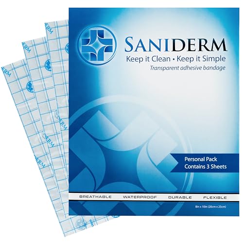 Saniderm Tattoo Aftercare Bandage 3 Sheets (Large Pack, 8 in x 10 in) – Convenient, Faster Tattoo Healing and Protection – Sterile, Waterproof, and Latex-Free