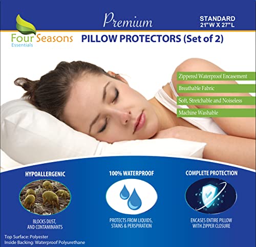 Standard Pillow Protectors (Set of 2) – Zippered Waterproof Pillow Covers Hypoallergenic Dust and Allergen Proof Pillowcase Encasement