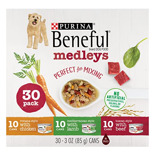Purina Beneful Wet Dog Food Variety Pack, Medleys Tuscan, Romana & Mediterranean Style - (Pack of 30) 3 Oz. Cans