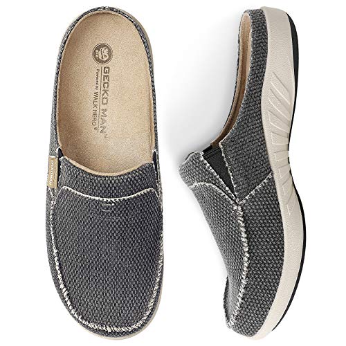 Mens Slippers with Arch Support, Canvas House Slipper for Men with Suede Insole and Velvet Lining, Slip on Clog House Shoes with Indoor Outdoor Anti-Skid Rubber Sole, Black, 10.5
