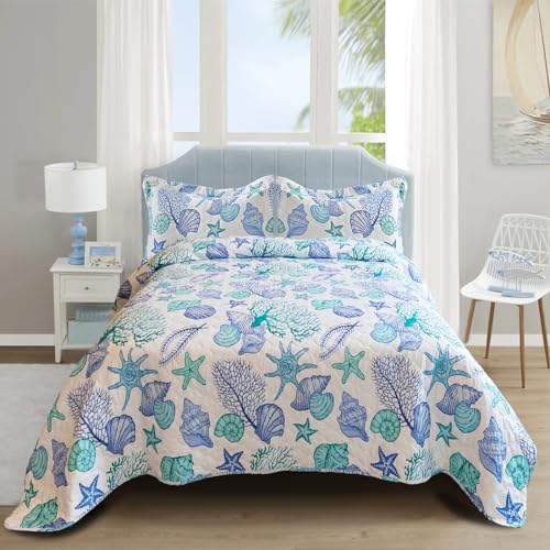 Junsey 3 Piece Quilts King Size Ocean Theme,Lightweight Coastal Beach Bedding Seashell Conch Starfish Bedspread Coverlet with 2 Pillowshams
