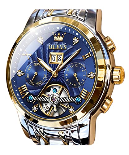 OLEVS Men Automatic Watch Skeleton 5 Hands Mechanical Blue Classic Luxury Multi Calendar Stainless Steel Waterproof Wrist for
