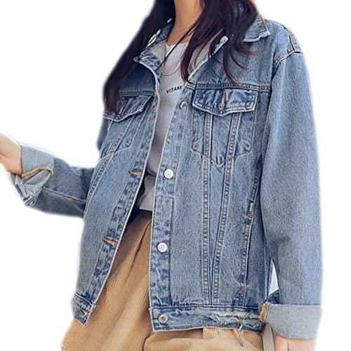 Saukiee Oversized Denim Jacket Distressed Boyfriend Jean Coat Jeans Trucker Jacket for Women Girls Lightblue S