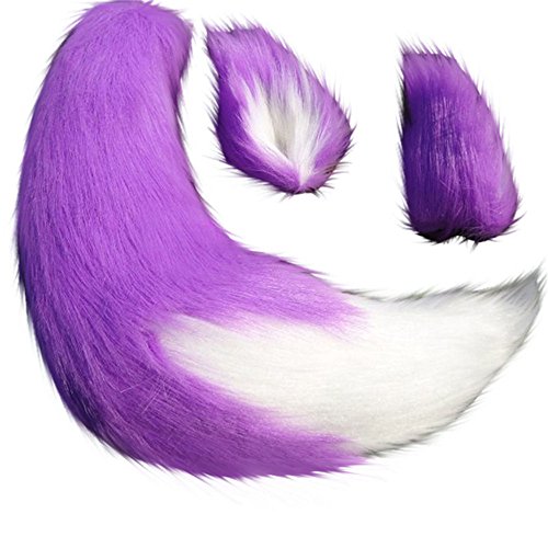Shopular Anime Wolf Fox Cat 25' Plush Tail + 2 Clip Ears Kits hairpin headband Prop Plushie Toy Party Halloween Cosplay New (Purple)