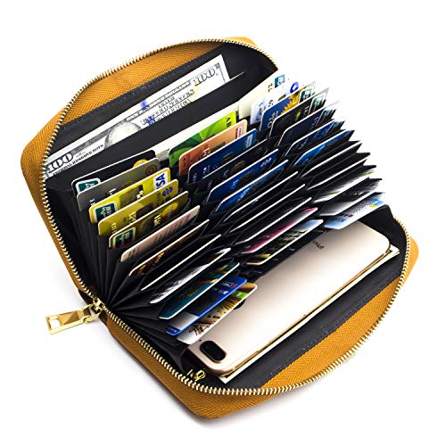 ANDOILT Genuine Leather Wallet for Women Men RFID Blocking Credit Card Holder Zipper Purse Cell Phone Handbag Huge Storage Capacity Brown