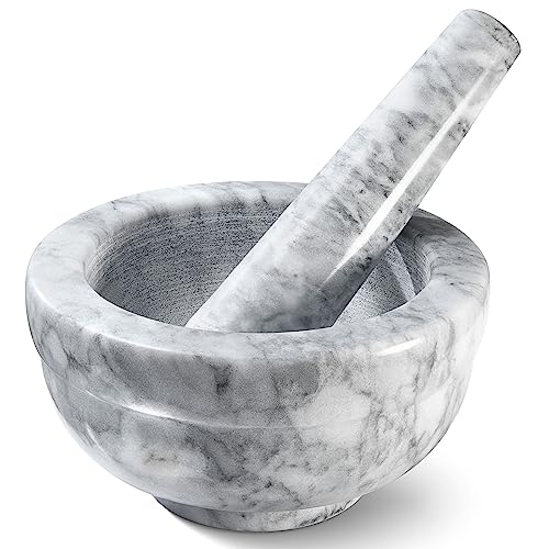 Sagler Mortar and Pestle Set - Small Grinding Bowl Container for Guacamole, Spices, Salsa, Pesto, Herbs - Best Mortar and Pestle Spice and Pills Crusher Set, Holds Up to 2.5oz - 3.75x2’’, Marble Gray
