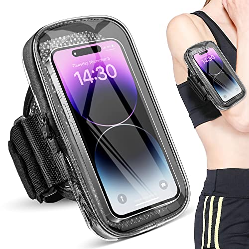 Clear Running Phone Holder Armband, Sports Armband Case for iPhone 14 13 Pro Max 12 11 Plus X XS Samsung Android, Universal Arm Bands Bag with Key Card Pocket for Exercise Walking Workout Fitness