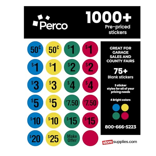 Perco Garage Sale Price Stickers - 1000+ Pre-Priced & 75+ Blank Stickers - Easy-to-Read Price Tags for Effective and Attractive Pricing – Ideal for Yard Sales, Flea Markets, County Fairs & Retail Use