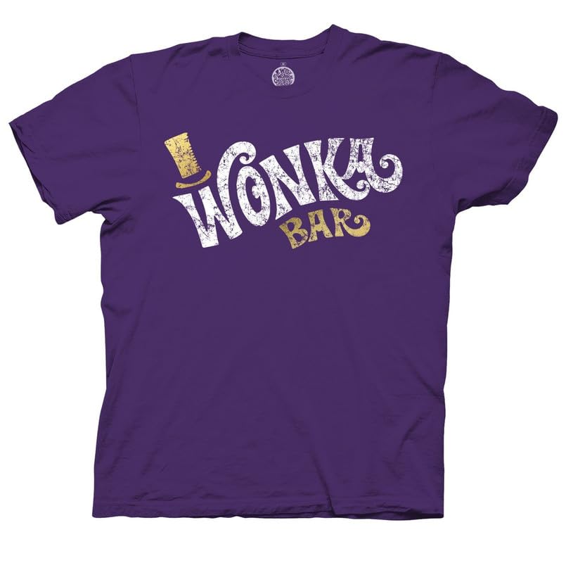 Ripple Junction Willy Wonka Men’s Short Sleeve T-Shirt Gold Distressed Wonka Candy Bar Chocolate Factory Movie Logo XL Purple
