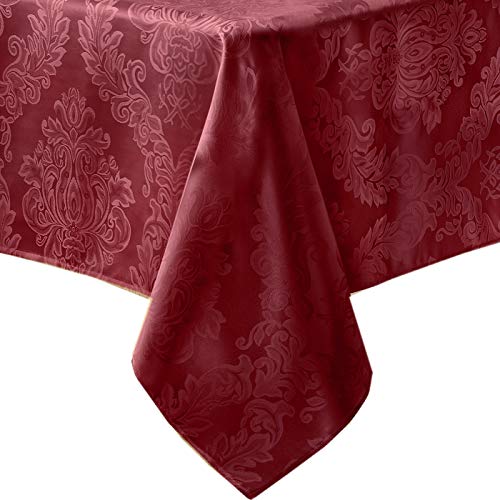 Newbridge Barcelona Luxury Damask Fabric Tablecloth, 100% Polyester, No Iron, Soil Resistant Dining Room, Party Banquet and Holiday Tablecloth, 60 Inch x 84 Inch Oblong/Rectangle, Burgundy