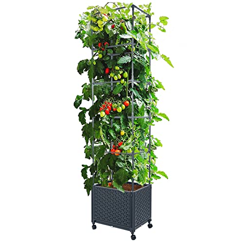 LINEX Raised Garden Bed Planter Box with Trellis, 67.6” Tomato Planters for Climbing Plants Vegetable Vine Flowers Outdoor Patio, Tomatoes Cage w/Self-Watering & Wheels