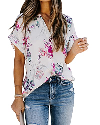 Allimy Womens Summer Casual Blouses Dressy Trendy 2024 Short Sleeve Floral Tops Purple L
