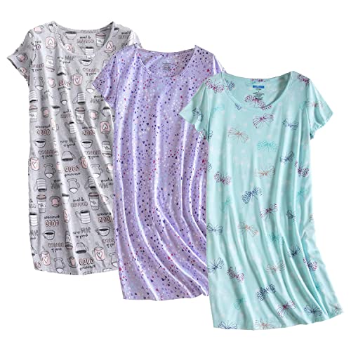 PNAEONG 3 Pack Women's Cotton Nightgown Sleepwear Short Sleeves Shirt Casual Print Sleepdress SY003-Coffee+Fly+Purple-XL