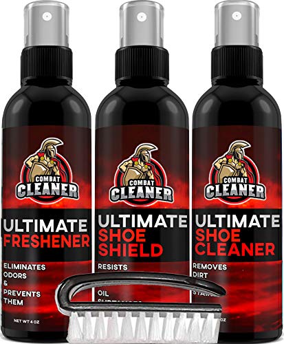 Combat Cleaner Shoe Cleaner Kit | Shoe Cleaner + Shoe Deodorizer Spray + Shoe Shield + Brush | Used for Sneakers, Tennis Shoes, Leather, & Suede