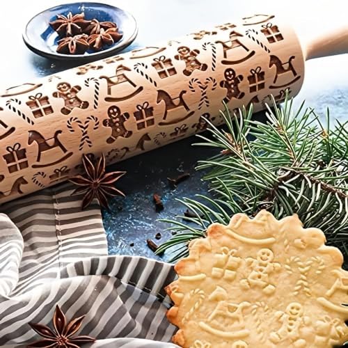 Christmas Wooden Rolling Pin for Baking,Engraved Embossing Rolling Pin Cookie Stamps Roller Square Grid Cookies Mold Kitchen Decor Tools for Kids Adults(Gingerbread Man)