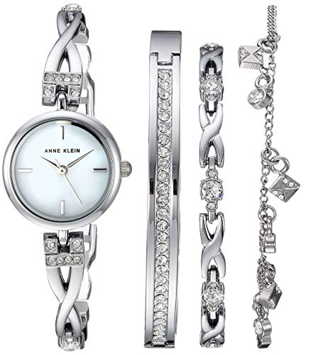 Anne Klein Women's Premium Crystal Accented Silver-Tone Watch and Bracelet Set