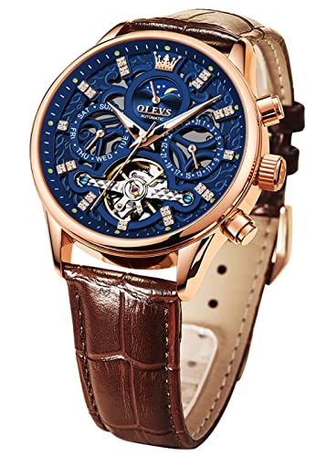 OLEVS Men Skeleton Watch Automatic Mechanical Dress Casual Brown Leather Moon Phase Luminous Waterproof Wrist Watches