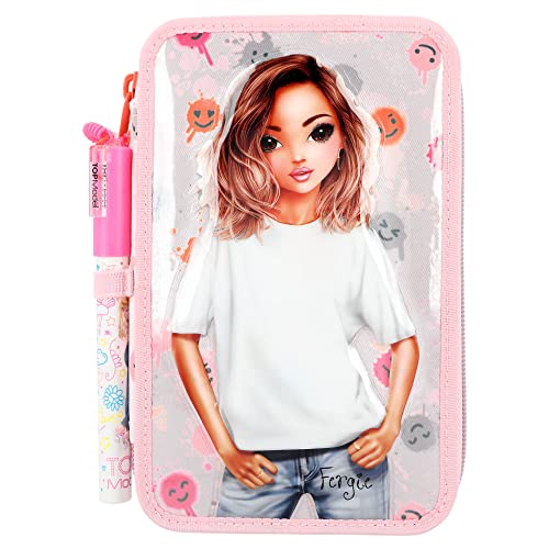 Depesche 12262 TOPModel Happy Together Filled 3-Compartment Pencil Case with Model Motif and Smiley Pattern, Pencil Case with Colouring Pencils, Scissors, Ruler and much more