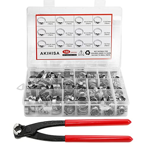 AKIHISA 180 PCS Single Ear Hose Clamps, 12 Sizes 5.3-33.1mm Crimp Hose Clamps with Ear Clamps Pincer, 304 Stainless Steel Crimp Pinch Fitting Tools Kit