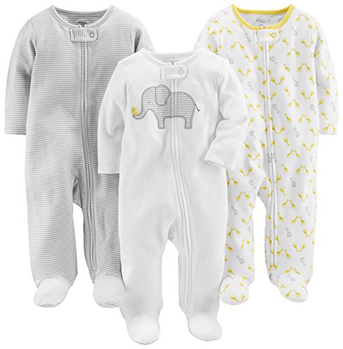 Simple Joys by Carter's Baby 3-Pack Neutral Sleep and Play, Light Grey Mini Stripe/White Elephant/Giraffe, Newborn