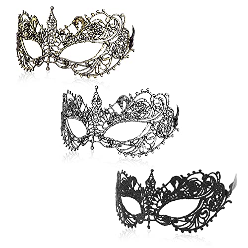WLLHYF 3 Pieces Adult Masquerade Mask Mysterious Fun Lace Masks for Couples Women Men Lace Headpiece Disguise for Costumes Party Ball Prom Cosplay Photo Shoot (Black/Gold/Silver)
