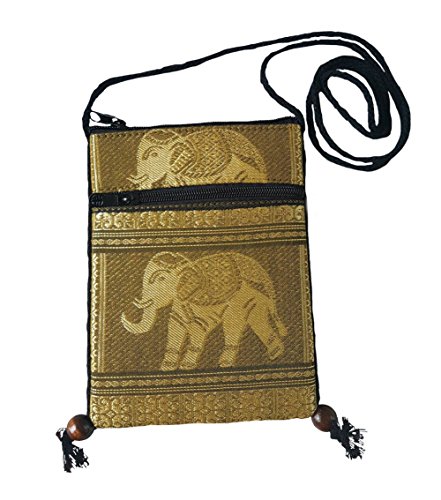 BTP Hmong Bag Hill Tribal Elephant Mini Crossbody Single Shoulder Bag Cellphone Case Passport Holder & Travel Pouch (Gold CP6)