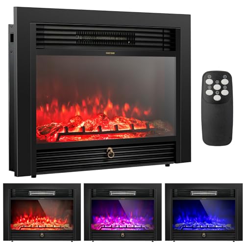 COSTWAY 28.5-Inch Electric Fireplace Inserts, 750W/1500W Wall Recessed and Freestanding Fireplace with 3 Flame Colors, 5 Brightness Settings, 8H Timer, Remote Control, Heater for Indoor Use