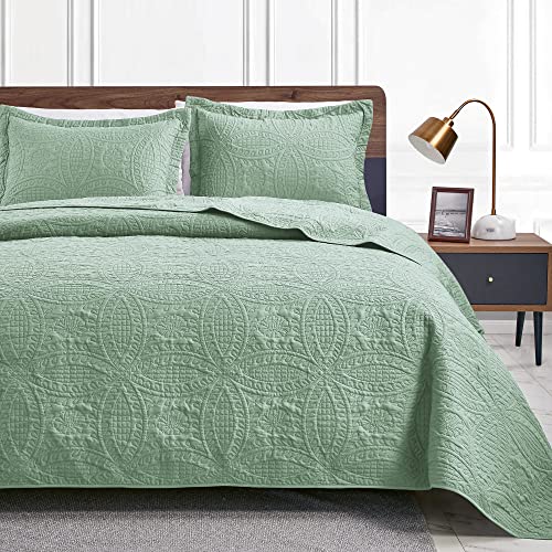 Love's cabin Quilts for Queen Bed Sage Bedspreads - Soft Bed Summer Quilt Lightweight Microfiber Bedspread- Modern Style Coin Pattern Coverlet for All Season - 3 Piece (1 Quilt, 2 Pillow Shams)