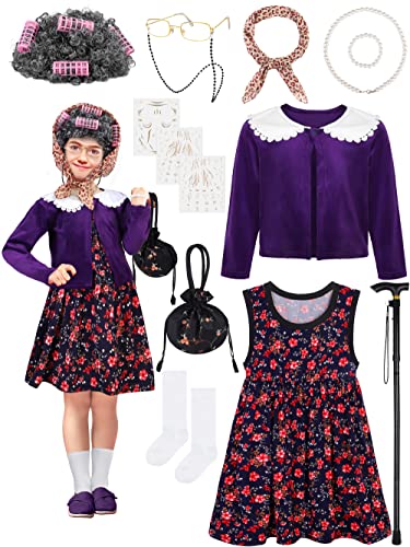 SOMSOC 14 Pieces 100 Days of School Girls Old Lady Costume Granny Cosplay Set for Kids Granny Dress for 100 Days of School