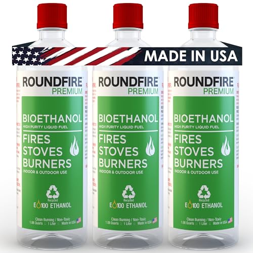 Roundfire Premium Ethanol Fuel - 3 x 1 Liter - for Tabletop Fireplaces, Fire Pits and Gel Fuel