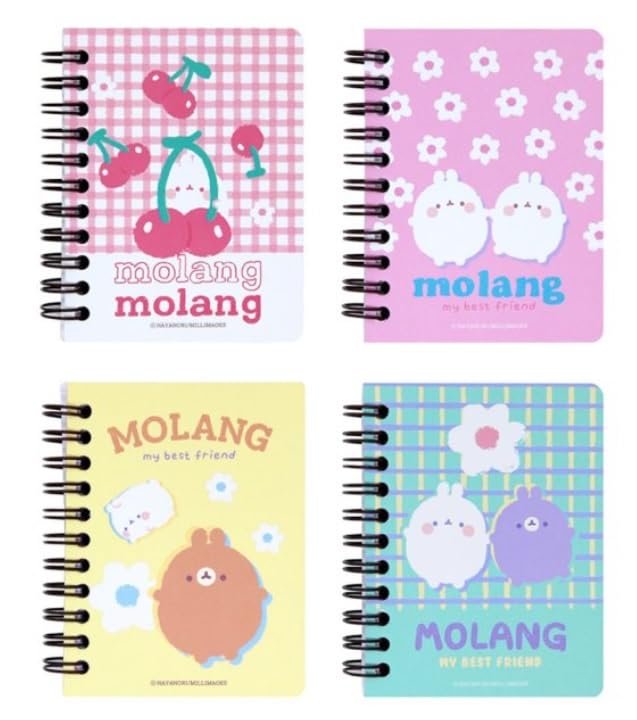 Molang MSGlobal 4 Pack Hard Cover Mini Ruled Spiral Notebook, Small Notepads 3.5x4, 4Designs, About 85 Pages Per Book