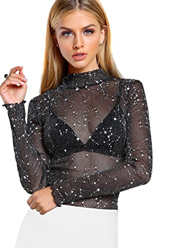 Floerns Women's Star Mesh See Through Mock Neck Long Sleeve Tops Tee T-Shirt A Black L