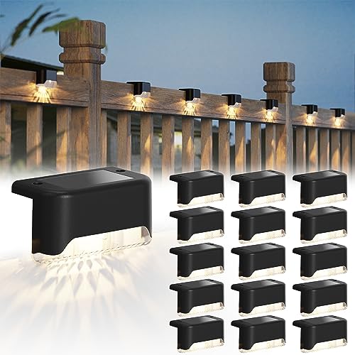 JACKYLED Solar Deck Lights 16 Pack Solar Fence Light Solar Powered Outdoor Step Light IP65 Waterproof LED Solar Pathway Light for Deck Fence Railing Garden Patio StairYard, Black