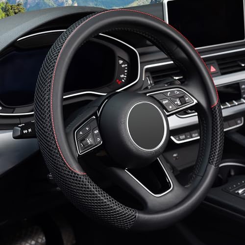 KAFEEK Steering Wheel Cover, Universal 15 inch, Microfiber Leather Viscose, Breathable, Anti-Slip,Warm in Winter and Cool in Summer, Black