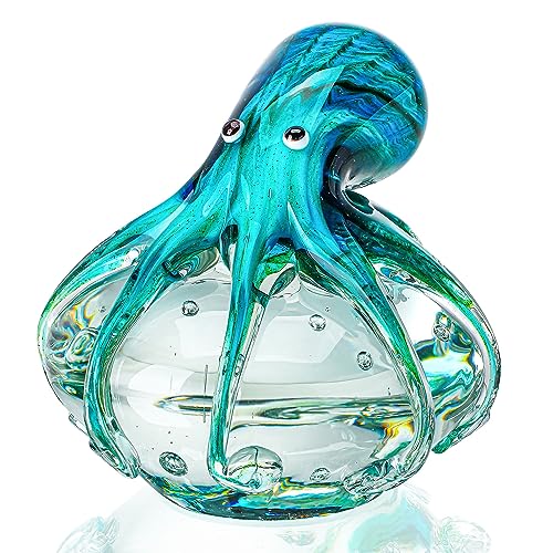 QFkris Qf Handmade Octopus Blown Glass Figurine Gift for Christmas, Birthday Home Decor Blue-Green Paper Weight